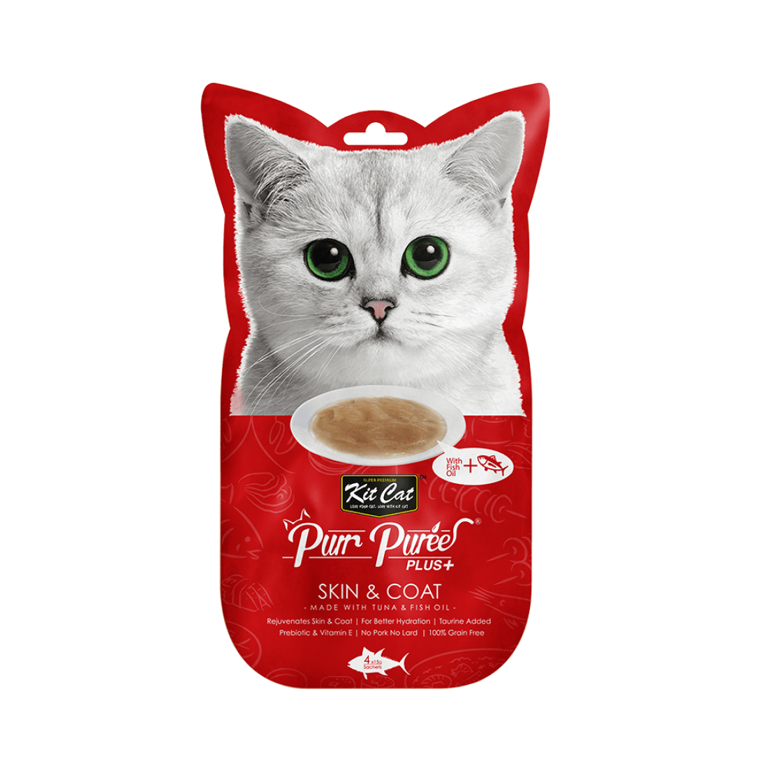 Recompense lichde pentru pisici Kit Cat Purr Puree Plus+ Skin & Coat , pui si ulei de peste, 4x15g