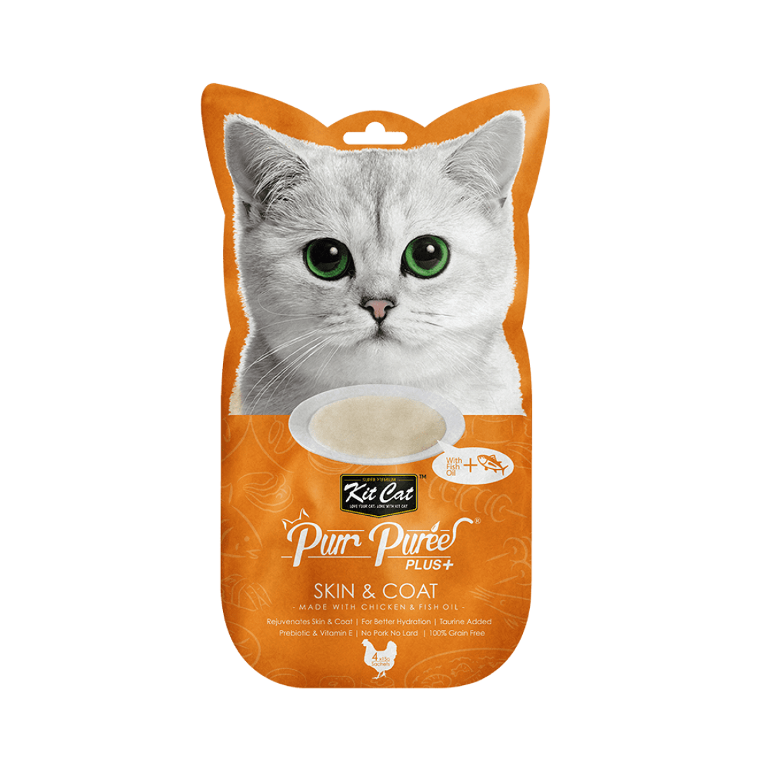 Recompense lichde pentru pisici Kit Cat Purr Puree Plus+ Skin & Coat , pui si ulei de peste, 4x15g