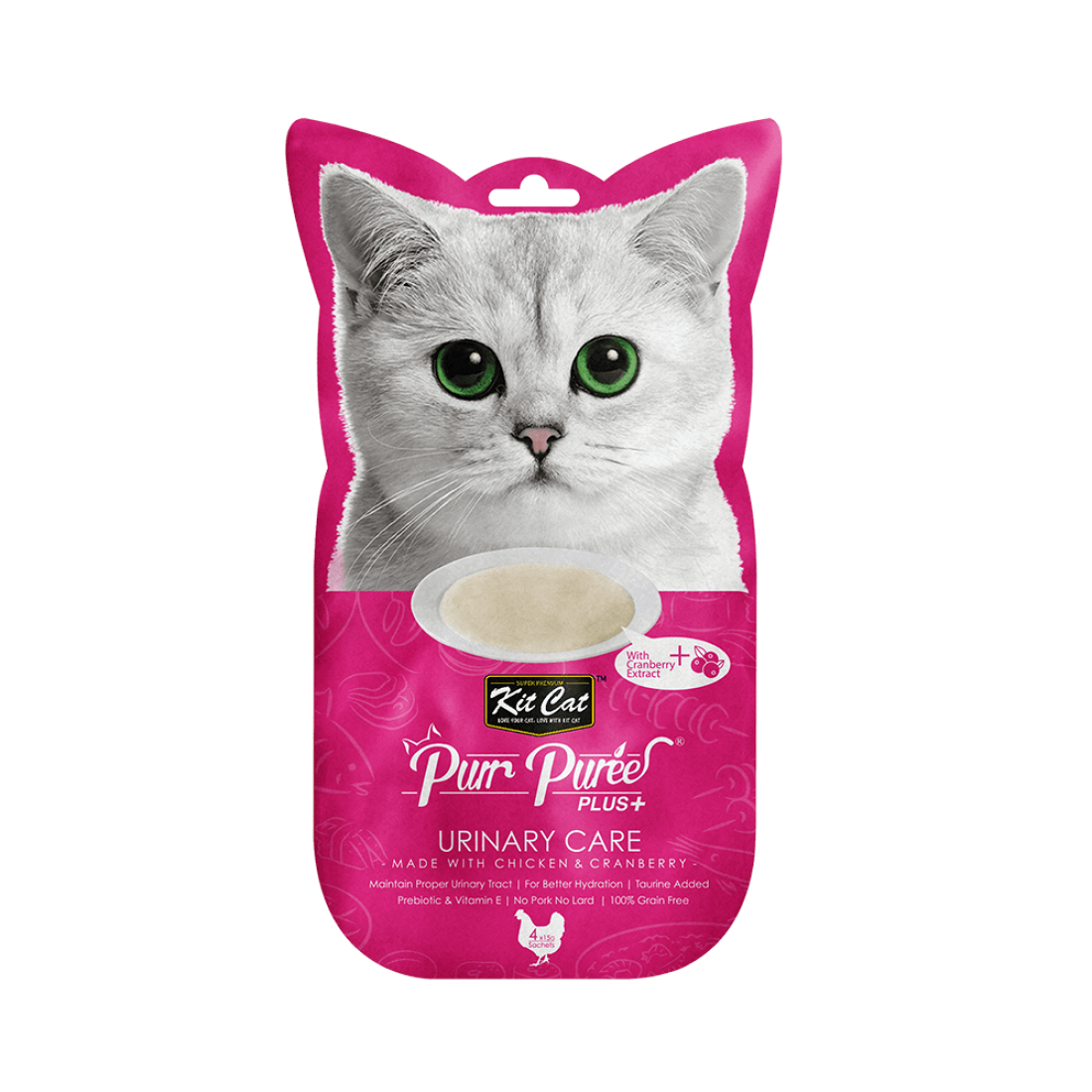 Recompense lichde pentru pisici Kit Cat Purr Puree Plus+ Urinary Care, pui si merisoare, 4x15g
